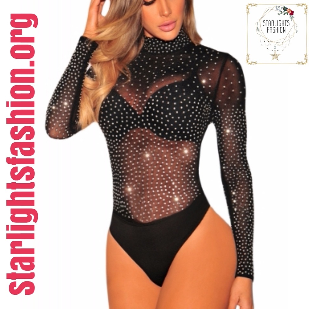 Black Mesh Silver Studded Mock Neck Bodysuit